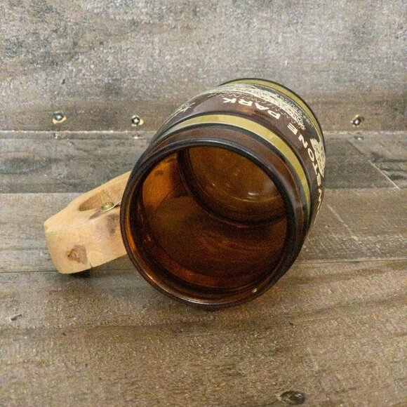 VINTAGE AMBER GLASS MUG SIESTA WARE YELLOWSTONE NATIONAL PARK WOODEN HANDLE - Picture 5 of 7